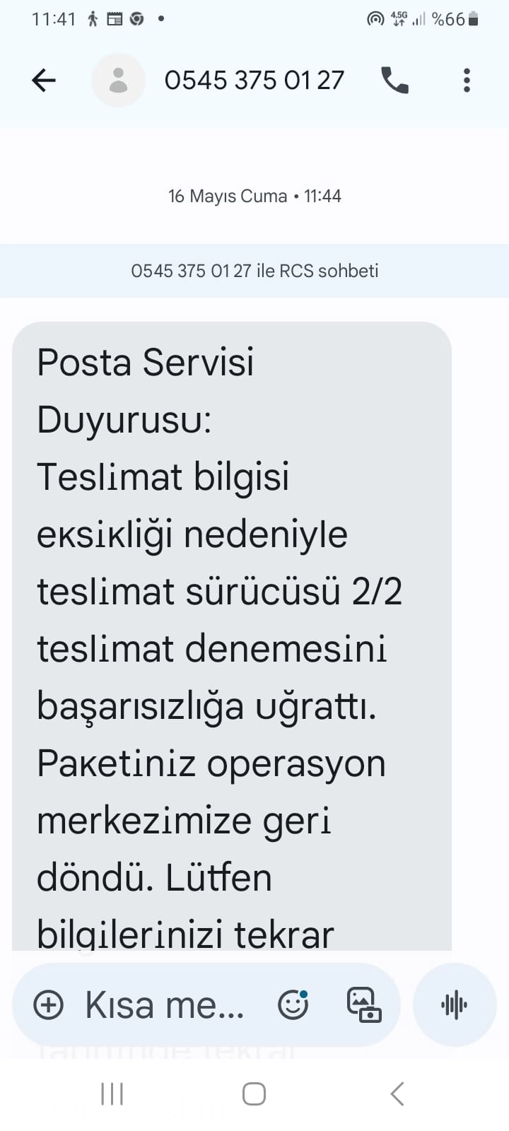 0545 375 01 27 Numaralı Hattan Gelen "Posta Servisi Duyurusu" Mesajı 0545 375 01 27 Numaralı Hattan Gelen "Posta Servisi Duyurusu" Mesajı